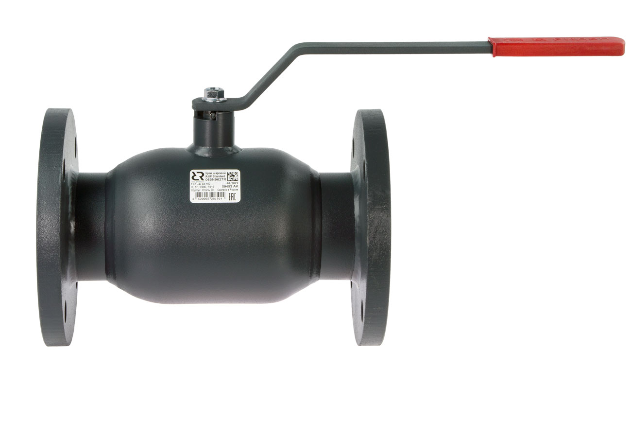 Шаровой кран RJIP Standard FF DN 100 PN 16 Т= 150 °С, фланцевый, стандартный проход, с рукояткой, корпус-углеродистая сталь, Ридан