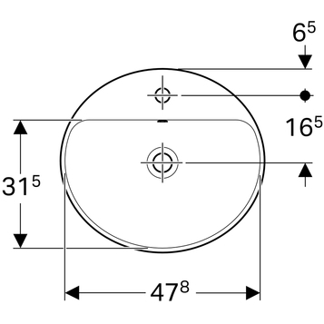 Встраиваемая раковина VariForm овальной формы, с полкой для отверстия под смеситель: B1=47.8см, Отверстие под смеситель=По центру, Белый, Перелив=На виду, Geberit