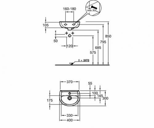 Раковина Geberit Renova: Белый, B=40см, H=16.5см, T=30см, Отверстие под смеситель=По центру, Перелив=На виду