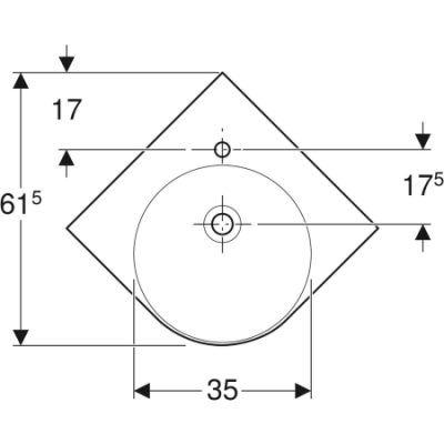 Угловая раковина Geberit Renova Compact: B=69.5см, T=61.5см, Отверстие под смеситель=По центру, Перелив=На виду, Белый