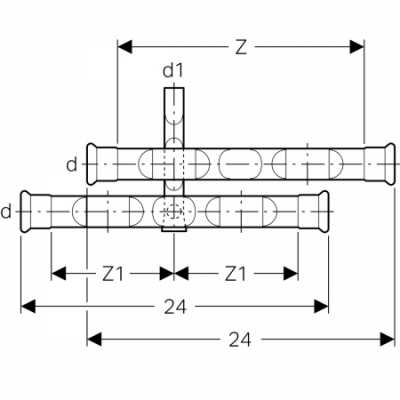 Крестовина Geberit Mapress из углеродистой стали, для подключения радиатора к обратному трубопроводу: d=22мм, d1=15мм