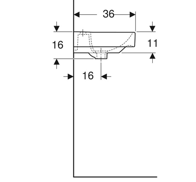 Раковина Smyle Square с асимметричным переливом: 45x15.5x36см, Белый, Отверстие под смеситель=По центру, Перелив=На виду, Geberit