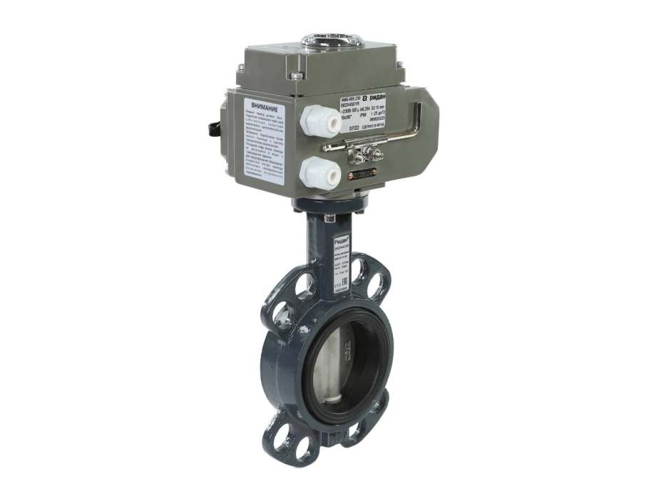 Затвор дисковый с электроприводом 082X4416R ЗДМ + 082X4507R АМБ; DN 350 PN 16, Т= - 15°C до 120 °С, межфланцевый,  АМБ 220 В переменный ток, EPDM, корпус-чугун, диск-чугун, Ридан