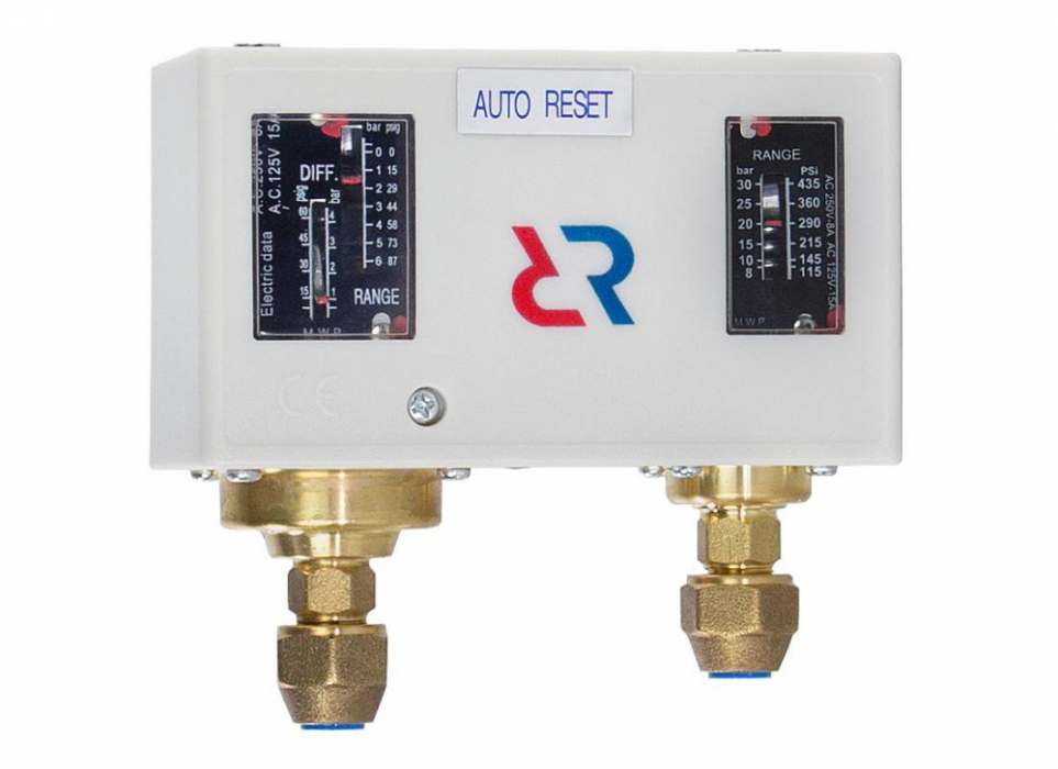 Реле давления двухблочные KP16, тип сброса (НД/ВД) Авто/ Ручн (макс), диапазон регулир (НД/ВД) 2-12/12-45 бар, диф-циал ∆p(НД/ВД) 1-5/4-6 бар, макс раб давл 20/48 бар, Ридан