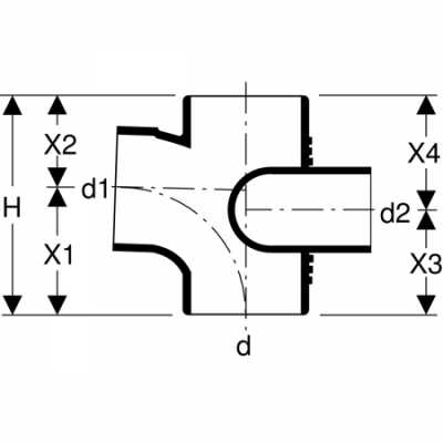 Крестовина Geberit Silent-db20, левая со смещенным впуском и дополнительным отводом 88,5°: d=110мм, d1=90мм, d2=75мм