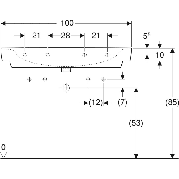 Накладная раковина Geberit Renova Plan: B=100см, T=48см, Отверстие под смеситель=Левое и правое, Перелив=На виду, Белый
