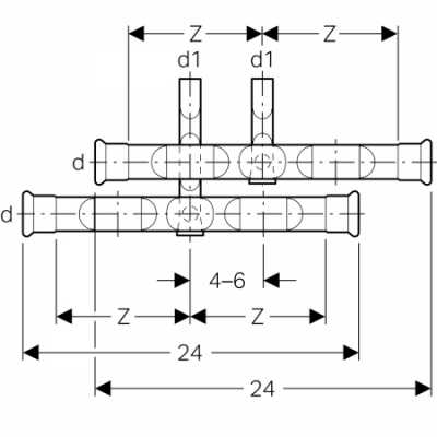 Крестовина Geberit Mapress из углеродистой стали, для подключения радиатора к подающему и обратному трубопроводу: d=15мм, d1=15мм, AD=4–6см