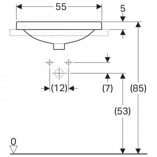 Встраиваемая раковина Geberit VariForm овальной формы, с полкой для отверстия под смеситель: B=55см, T=45см, Отверстие под смеситель=По центру, Перелив=На виду, Белый