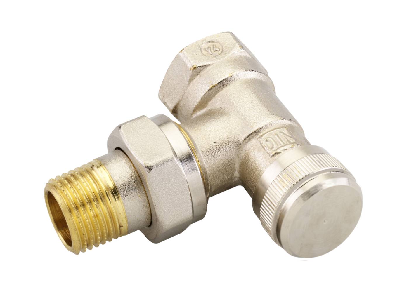 Клапан запорный LV DN 20 PN 10, Т=120 °С, угловой,никелированный, с возможностью опорожнения, для бокового присоединения к радиатору, Ридан
