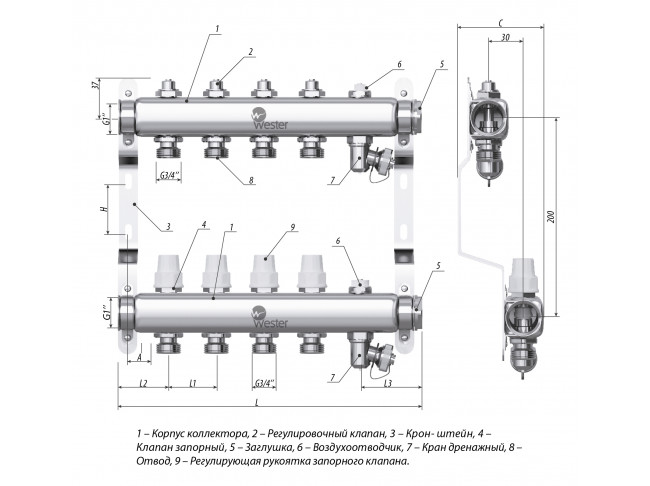 Коллектор нержавеющая сталь Wester  1"-3/4 в сборе на 5 выходов с 2 заглушками