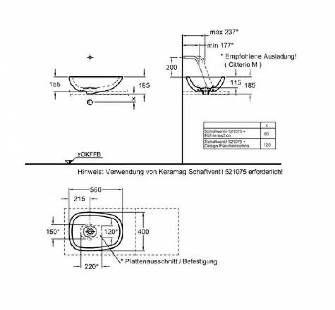Накладная раковина Geberit Citterio: B=56см, T=40см, Отверстие под смеситель=Без, Перелив=Без, Белый / Специальное керамическое покрытие KeraTect