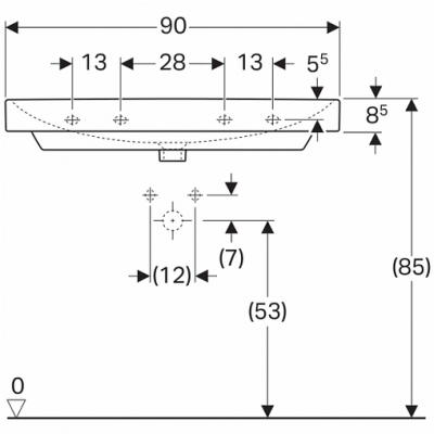 Раковина Geberit Smyle Square: B=90см, T=48см, Отверстие под смеситель=По центру, Перелив=На виду, Белый