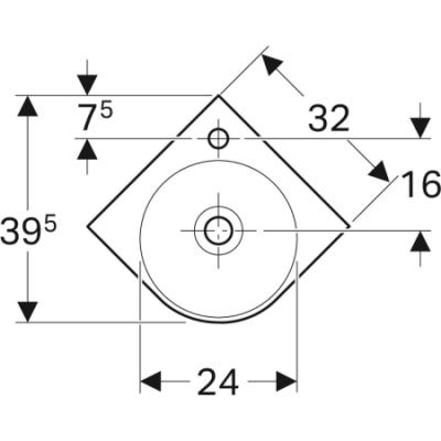 Угловая раковина Geberit Renova Compact: B=45см, T=39.5см, Отверстие под смеситель=По центру, Перелив=На виду, Белый