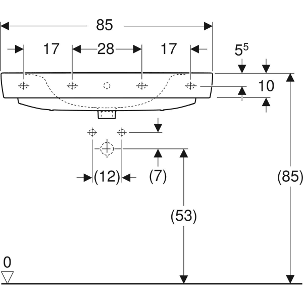 Накладная раковина Geberit Renova Plan: B=85см, T=48см, Отверстие под смеситель=По центру, Перелив=На виду, Белый