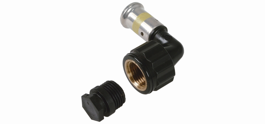 Угольник 90° ВР c черной заглушкой BP04 1/2", ПВДФ пресс (газ), 20x1/2"