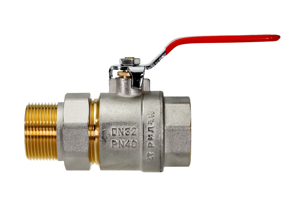 Шаровой кран полнопроходной BVR-FR DN32 PN40, Т= 120 °С, с накидной гайкой и ниппелем  «американка», рукоятка-рычаг, корпус-латунь, Ридан