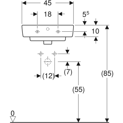 Hакладная раковина Geberit Renova Plan: B=45см, T=34см, Отверстие под смеситель=По центру, Перелив=На виду, Белый