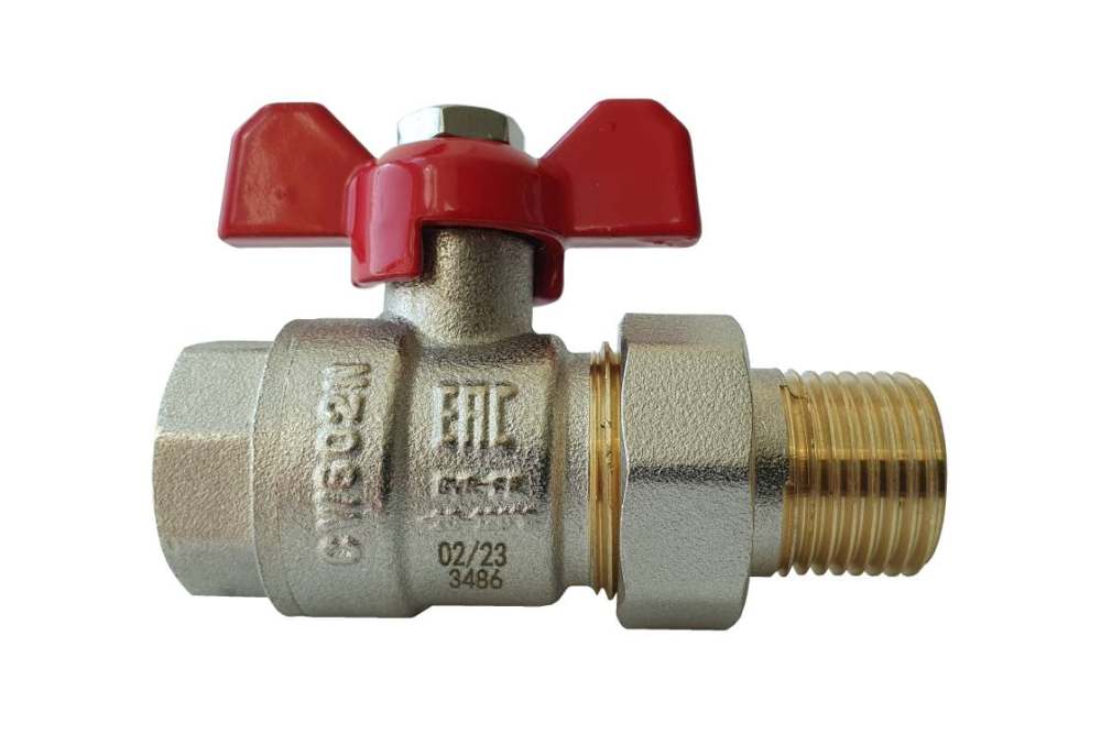 Шаровой кран полнопроходной BVR-FR DN15 PN40, Т= 120 °С, с накидной гайкой и ниппелем  «американка», с рукояткой «бабочка», корпус-латунь, Ридан
