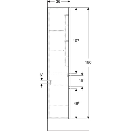 Высокий шкафчик Geberit Renova Plan с двумя дверями и одним выдвижным ящиком: B=39см, H=180см, T=36см, Белый / Высокоглянцевое покрытие