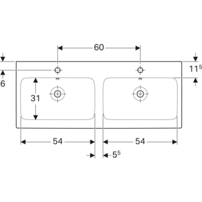 Двойная раковина iCon: 120x48.5см, Отверстие под смеситель=По центру, Перелив=На виду, Белый, Geberit