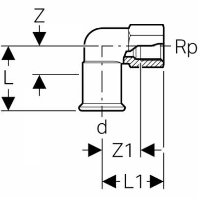 Переходной угольник Geberit Mapress из углеродистой стали 90°, с внутренней резьбой: d=28мм, Rp=1"