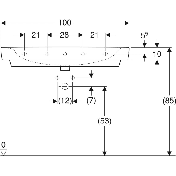 Накладная раковина Geberit Renova Plan: B=100см, T=48см, Отверстие под смеситель=По центру, Перелив=На виду, Белый