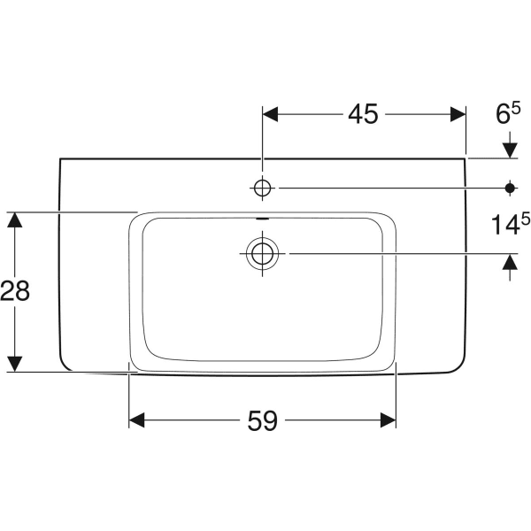 Накладная раковина Geberit Renova Plan с полкой: B=90см, T=48см, Отверстие под смеситель=По центру, Перелив=На виду, Полка=Левый и правый, Белый