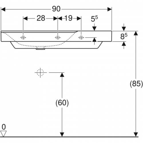 Раковина Geberit Xeno² с полкой: B=90см, T=48см, Отверстие под смеситель=Без, Перелив=Без, Полка=Правая, Белый / Специальное керамическое покрытие KeraTect