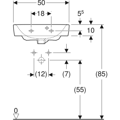 Hакладная раковина Geberit Renova Plan с асимметричным переливом: B=50см, T=38см, Отверстие под смеситель=По центру, Перелив=На виду, Белый
